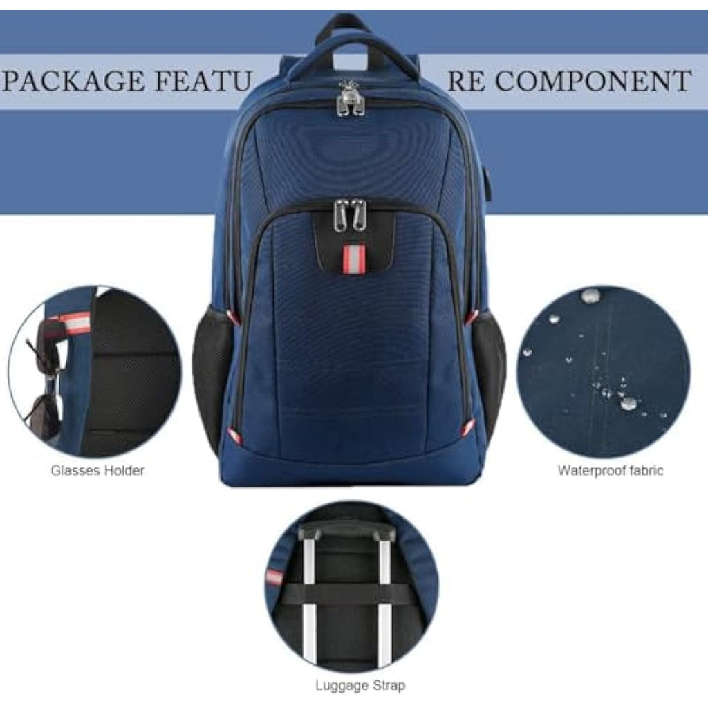 17 Inch Laptop Backpack – Anti-Theft Travel Bag with USB, Blue