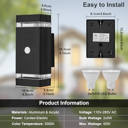 LMP Outdoor Motion Sensor Wall Light – IP65 Modern Black Up Down Sconce