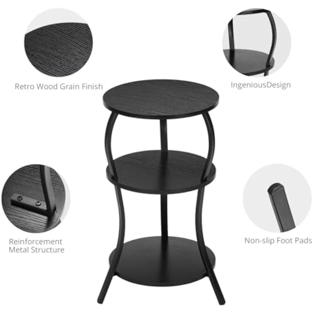 3-Tier Round Side Table – Industrial Wood & Metal End Table