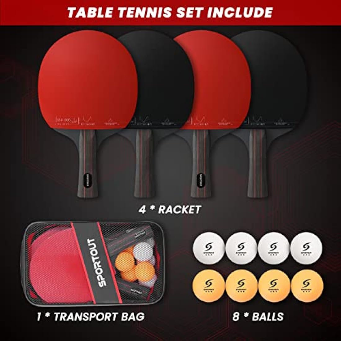 Sportout Table Tennis Set | 4 High-Performance Bats & 8 Balls