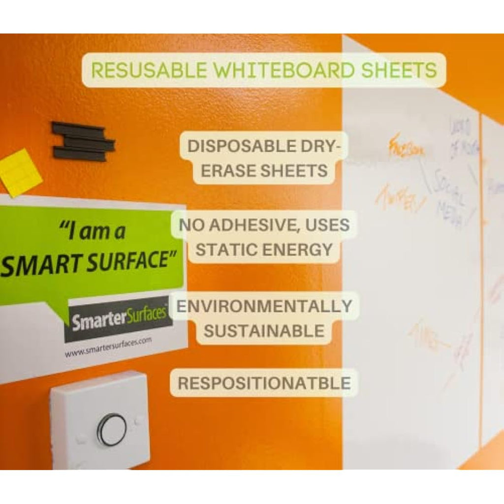 Smarter Surfaces Whiteboard Sheets – 20 Static Dry Erase Wall Stickers