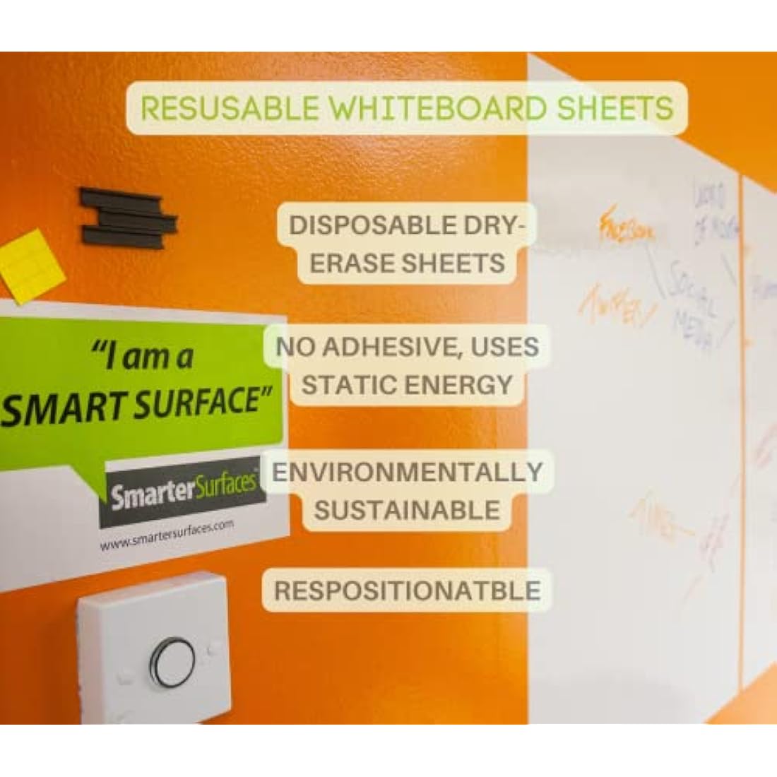 Smarter Surfaces Whiteboard Sheets – 20 Static Dry Erase Wall Stickers