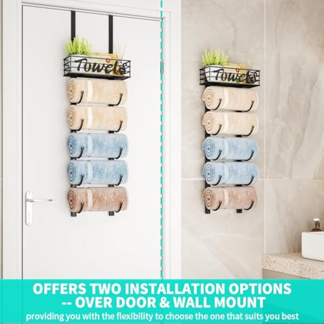 HapiRm 6-Tier Over Door Towel Rack | Wall Mounted Metal Storage with Basket