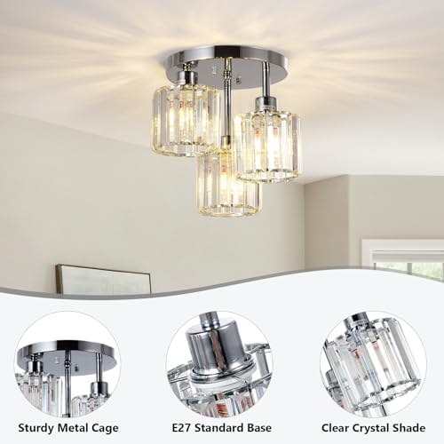 Rayofly Modern Crystal Chandelier – 3-Light Chrome Semi Flush Ceiling Light