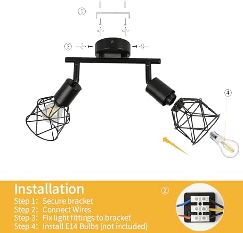 FORCOSO 2-Way Industrial Ceiling Spotlight | Black Metal Wire Cage Lamp