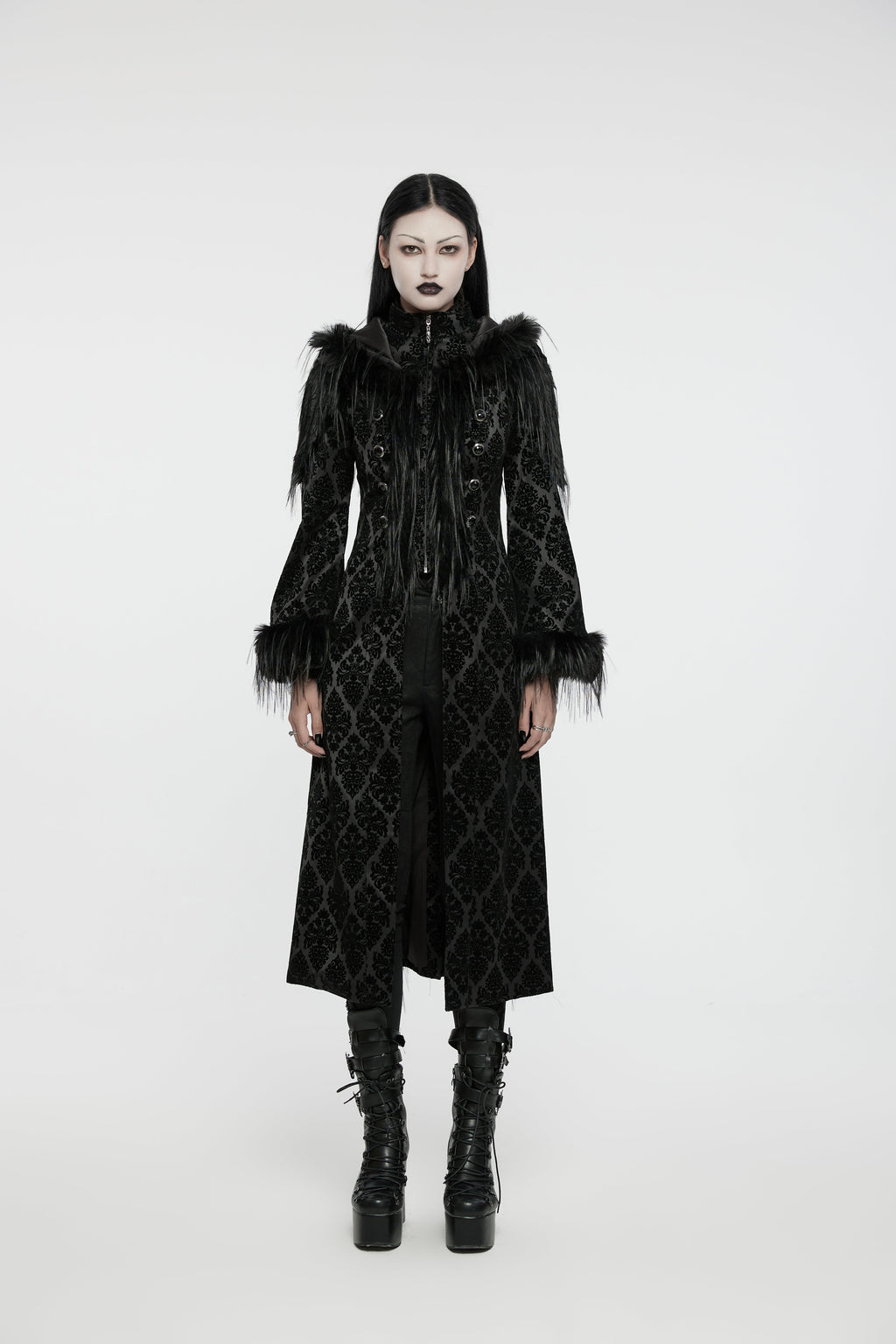 Punk Rave Morrigan Goth Jacquard Coat – Black Faux Fur Hooded Jacket