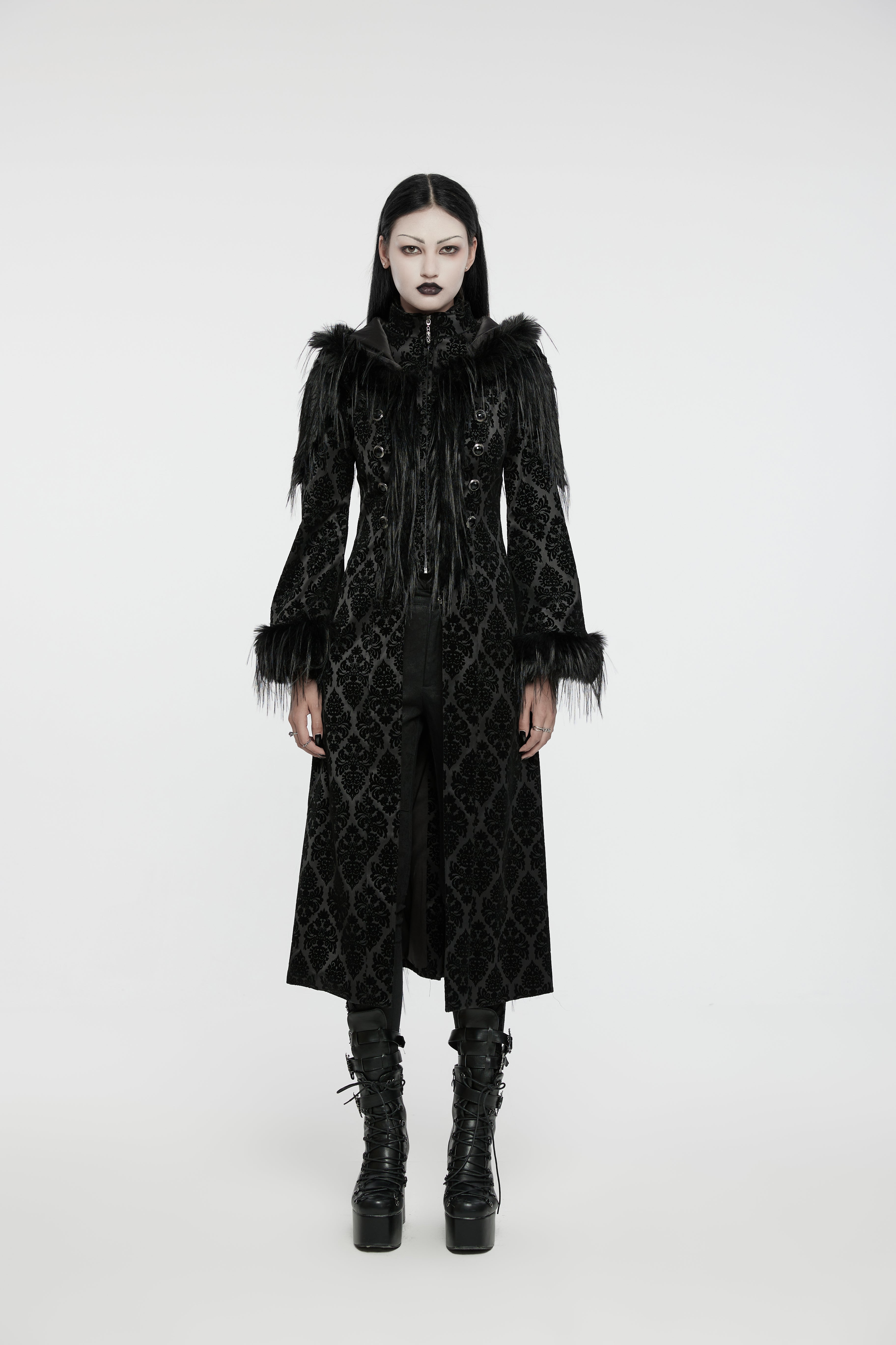 Punk Rave Morrigan Goth Jacquard Coat – Black Faux Fur Hooded Jacket