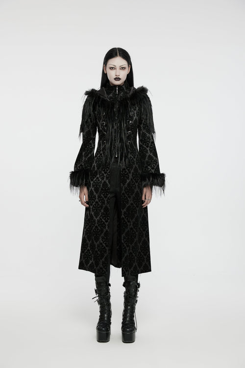 Punk Rave Morrigan Goth Jacquard Coat – Black Faux Fur Hooded Jacket