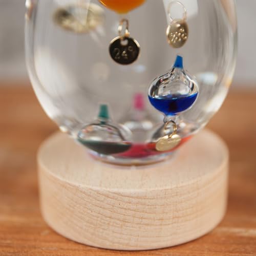 Widdop Galileo Thermometer – Tear Drop Glass on Wooden Stand, 19.5cm