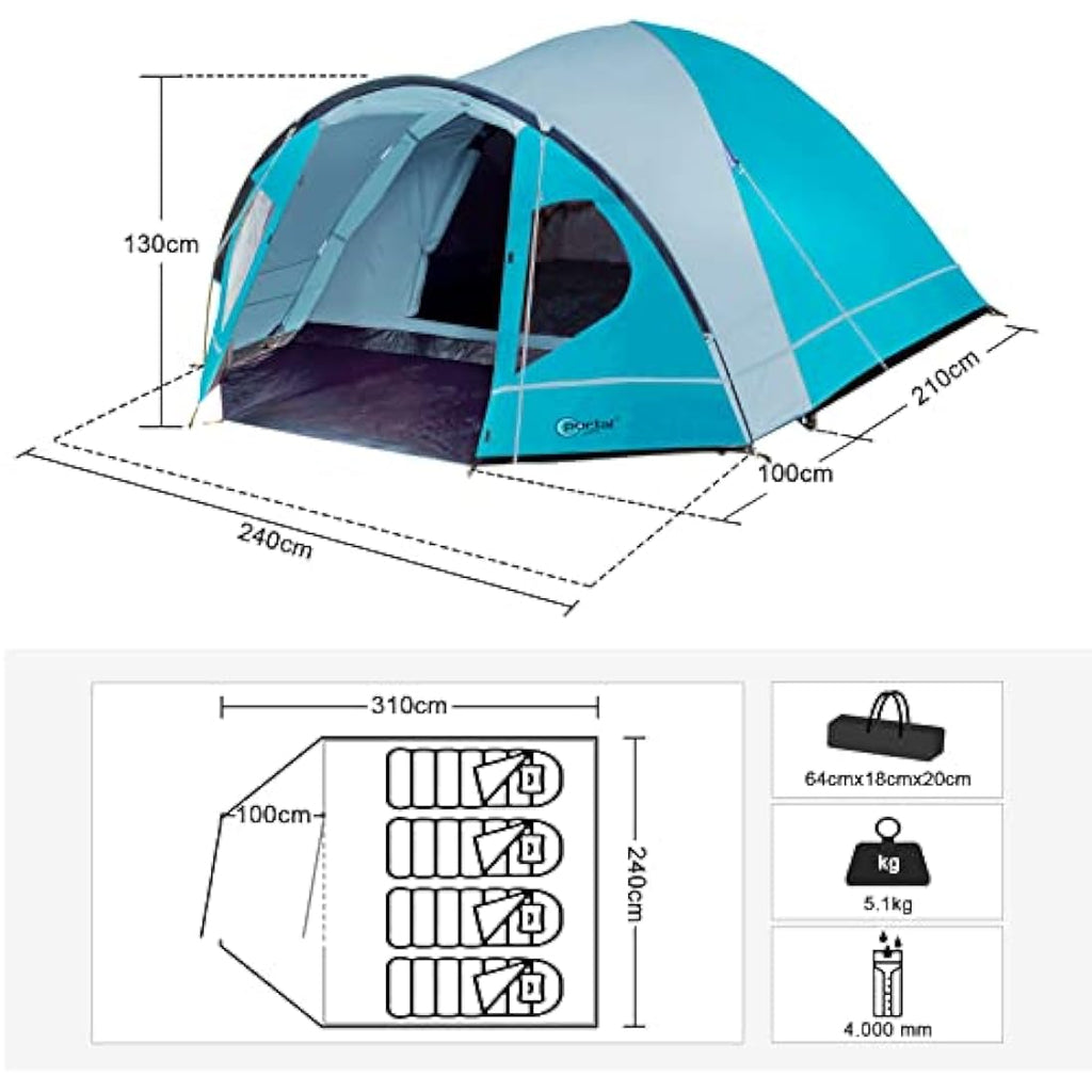 Portal 3-4 Person Dome Camping Tent | 4000mm Waterproof with Porch