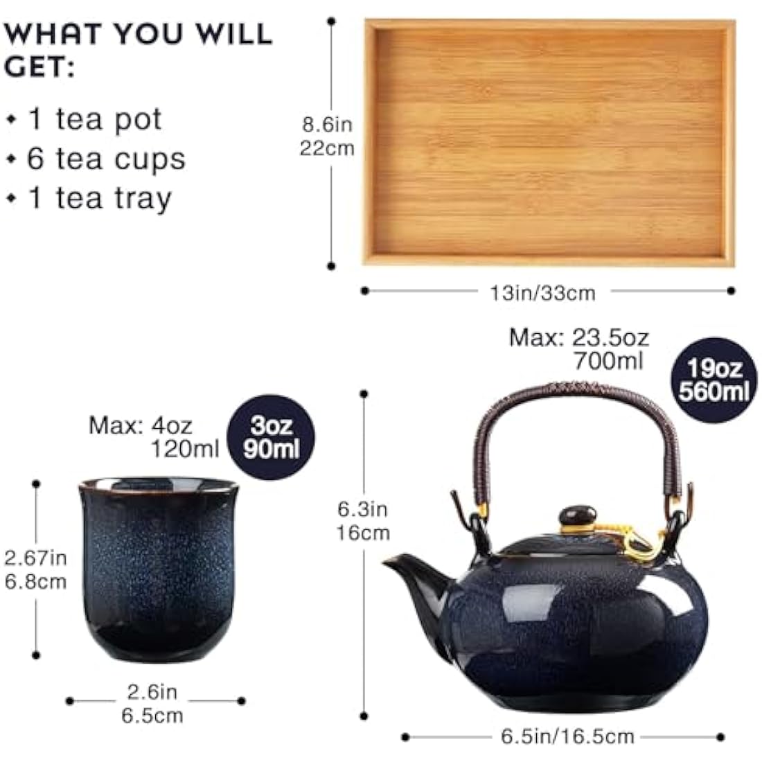 DUJUST Japanese Porcelain Tea Set - Kiln Glaze Teapot & 6 Cups with Tray