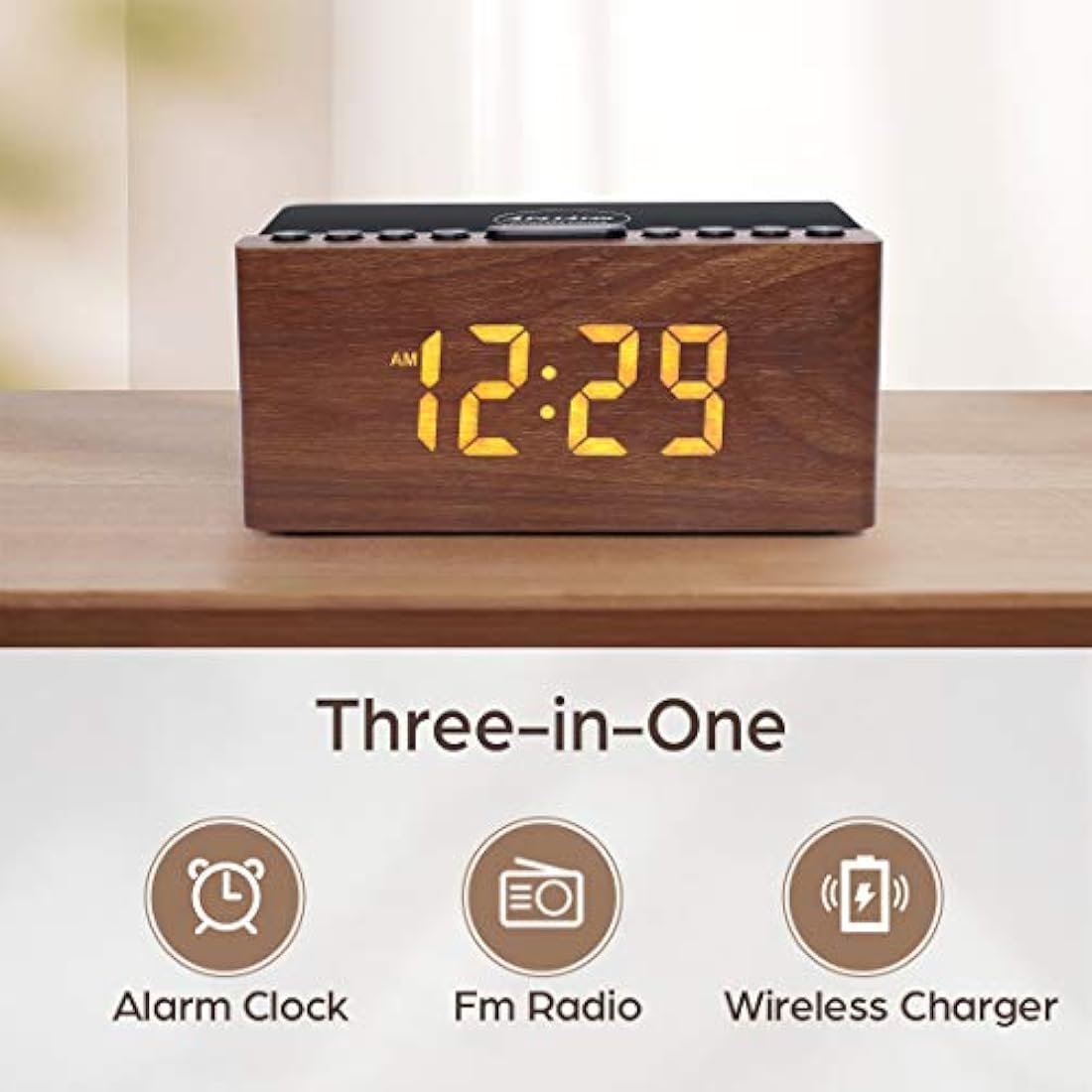 ANJANK Wooden FM Radio Alarm Clock with 10W Fast Wireless Charging