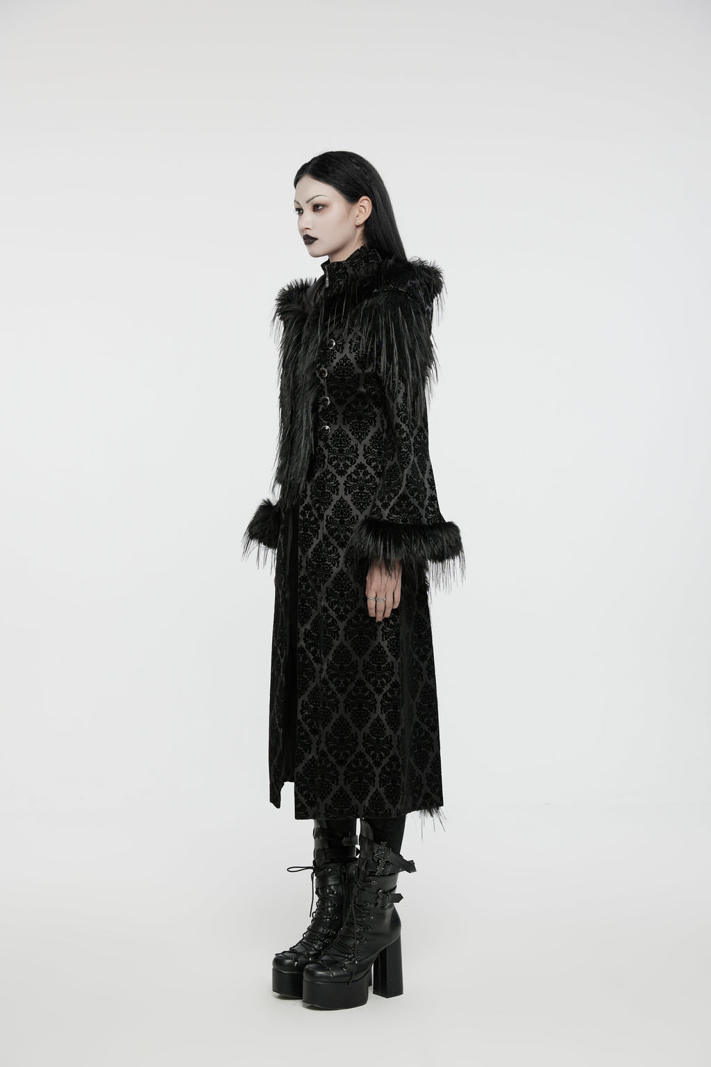 Punk Rave Morrigan Goth Jacquard Coat – Black Faux Fur Hooded Jacket