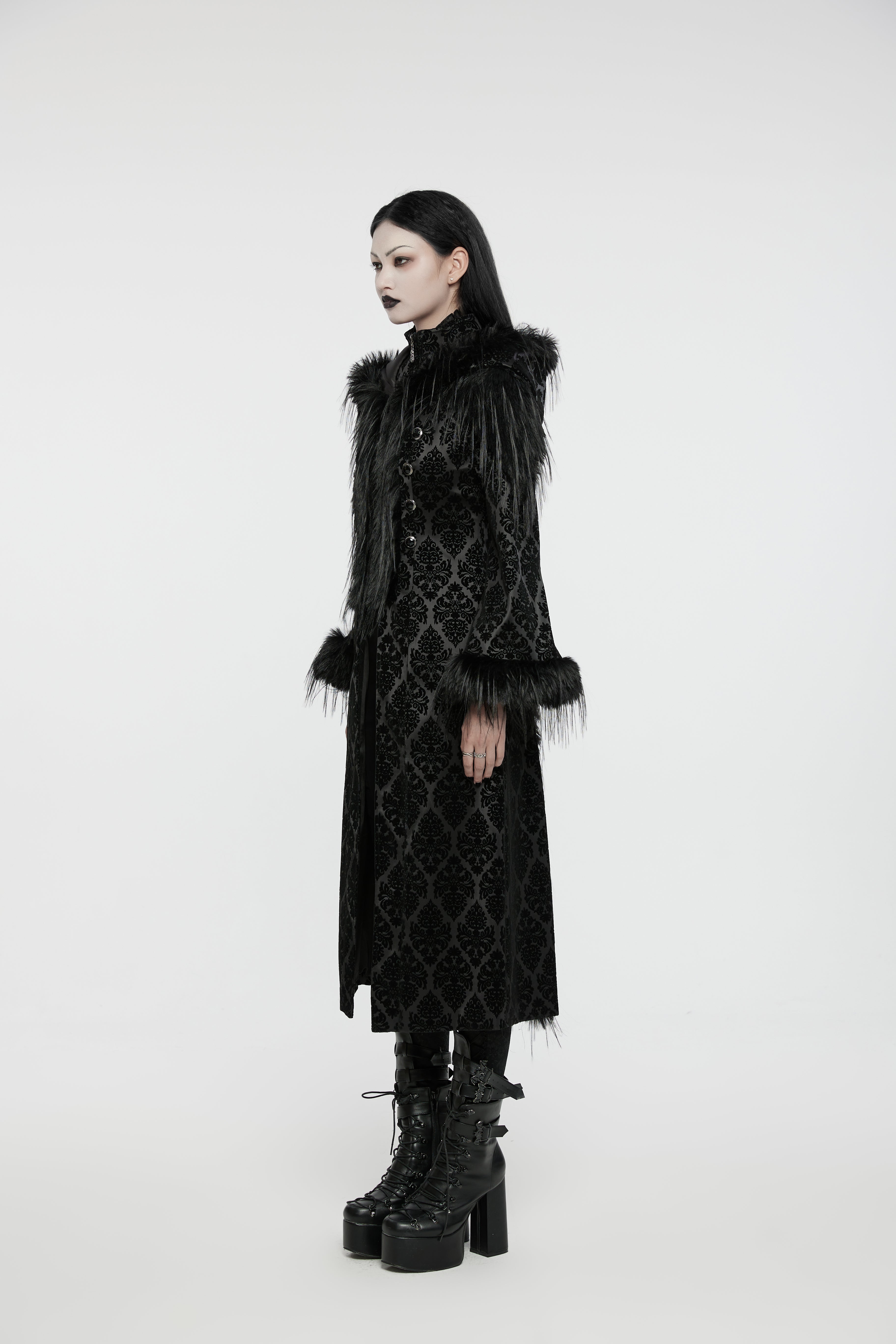 Punk Rave Morrigan Goth Jacquard Coat – Black Faux Fur Hooded Jacket