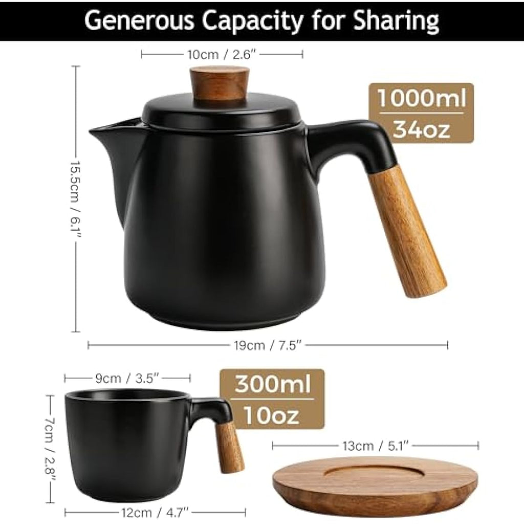 MIAMIO Ceramic Tea Pot Set with Infuser, 4 Mugs and Bamboo Saucers - Black