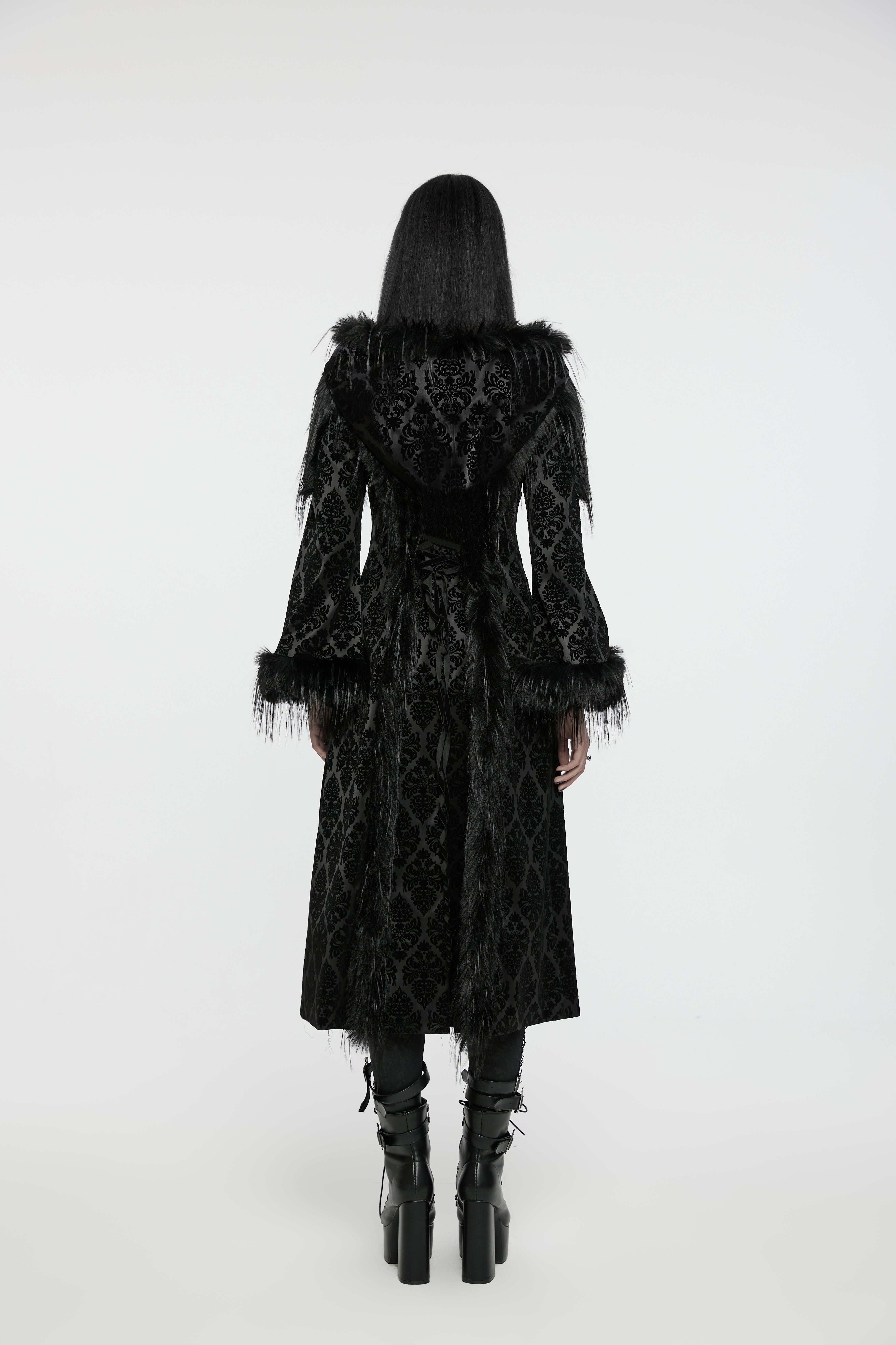 Punk Rave Morrigan Goth Jacquard Coat – Black Faux Fur Hooded Jacket