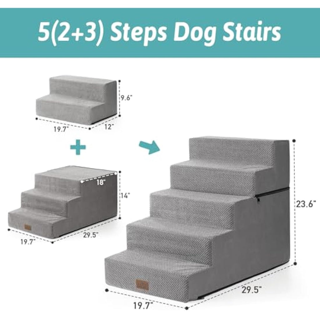 COZY KISS 5-Tier Wide Dog Stairs – Foldable High-Density Foam Pet Steps
