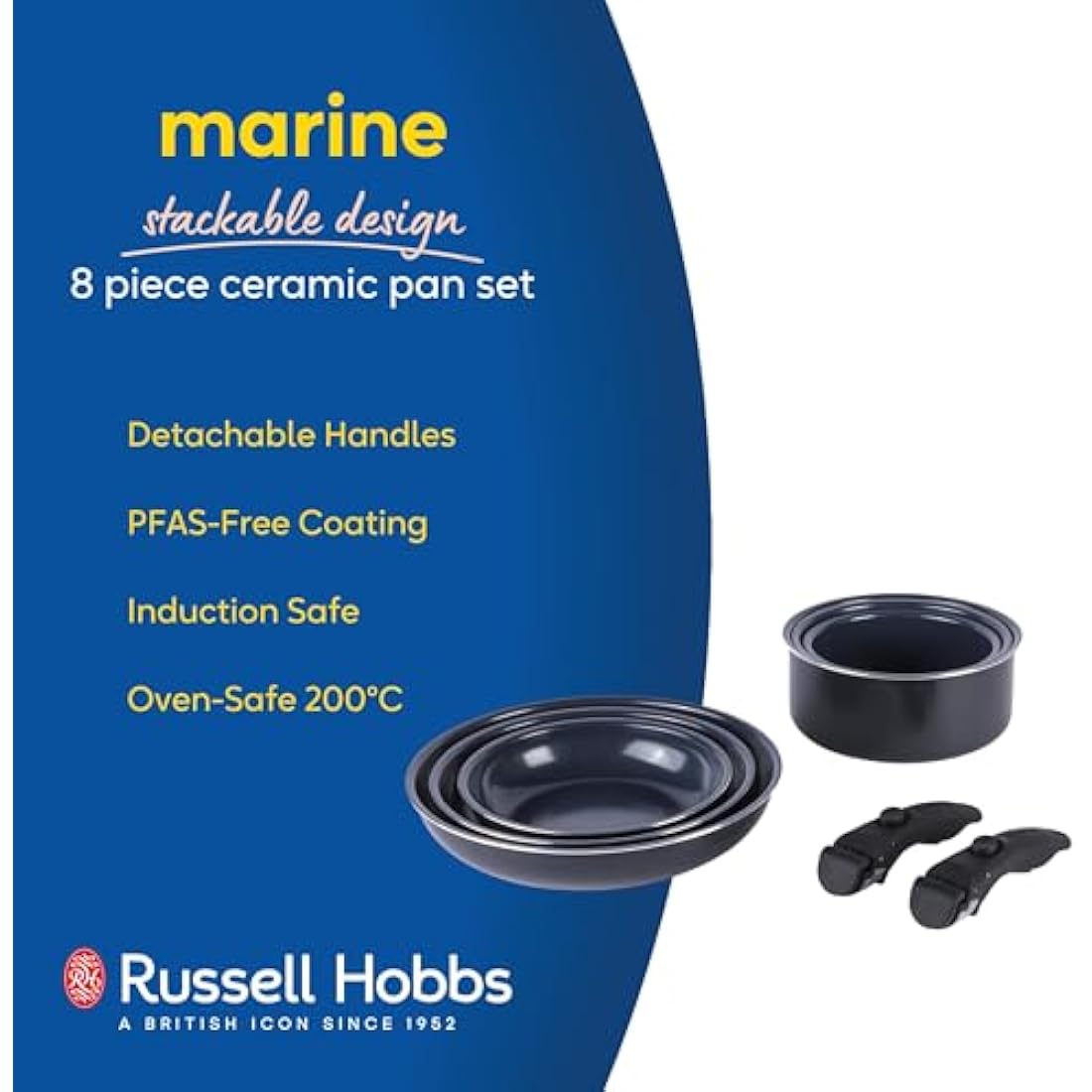 Russell Hobbs Smart Clip 8-Piece Non-Stick Pan Set – Navy Blue