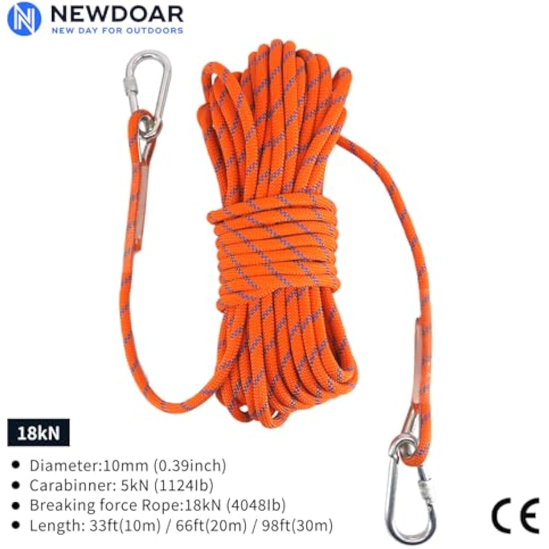 NewDoar 10mm Static Climbing Rope – 18KN Safety Cord with 2 Carabiners