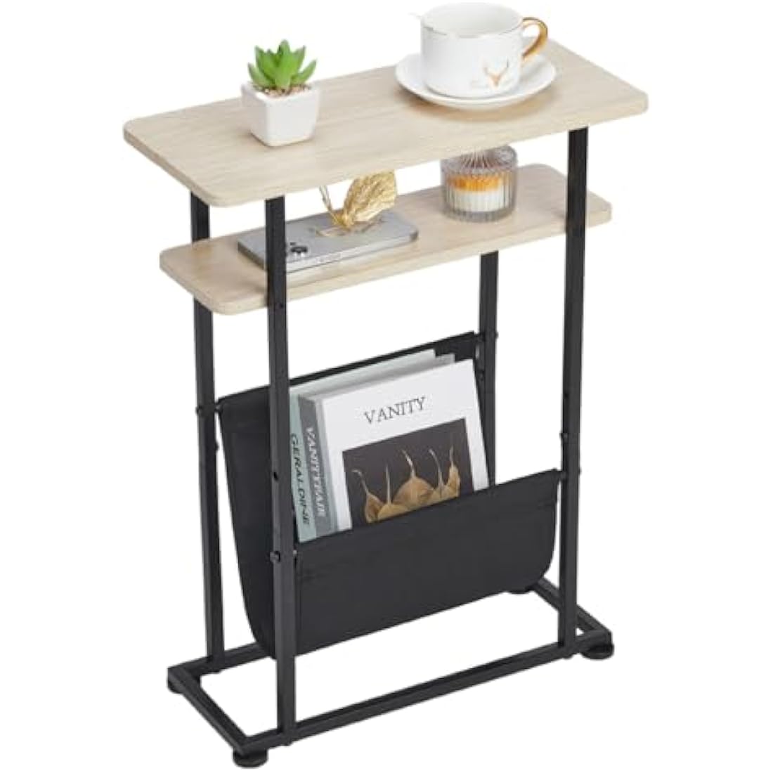 ZEXVIDA Narrow Side Table with Magazine Holder – Slim Oak End Table