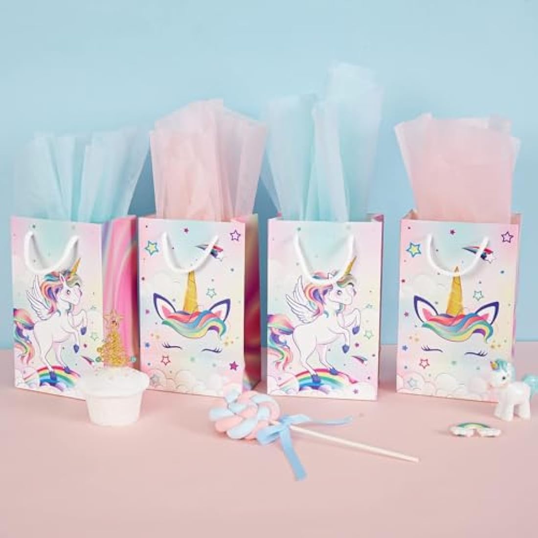 WERNNSAI Unicorn Party Favor Bags - 16PCS Rainbow Gift Bags with Handles