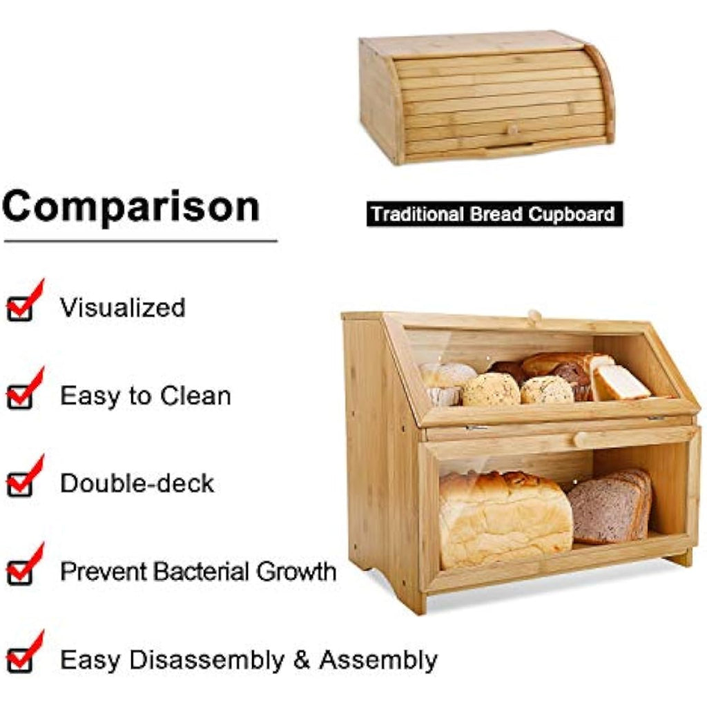 Leader Accessories Large 2-Layer Bamboo Bread Box – Double Decker Bin