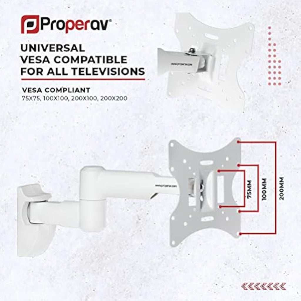 ProperAV White TV Wall Bracket | 23-43 Inch Tilt & Swivel VESA Mount