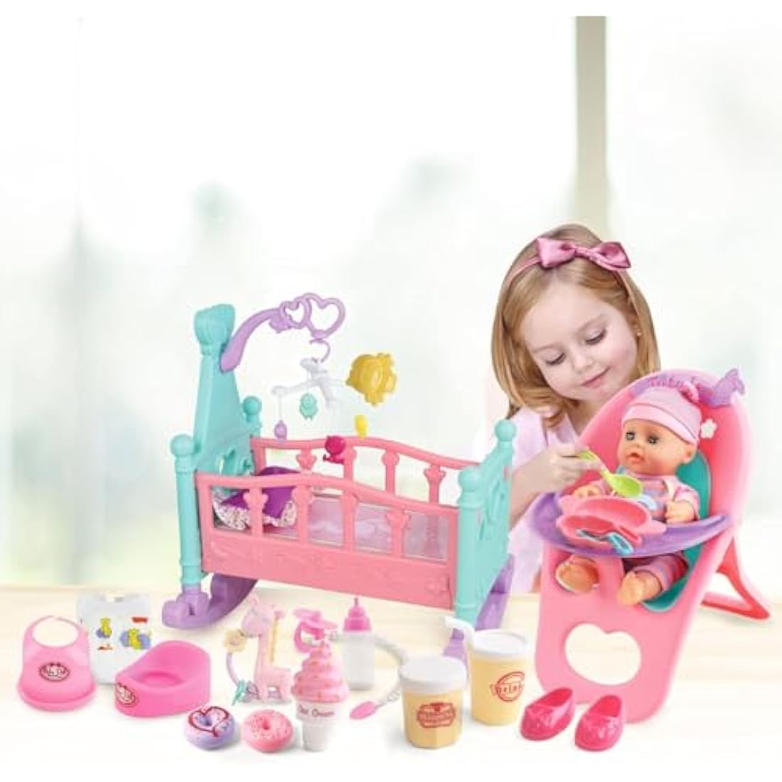 deAO My First Baby Doll Play Set – 21 Piece Toy Set with Crib & High Chair
