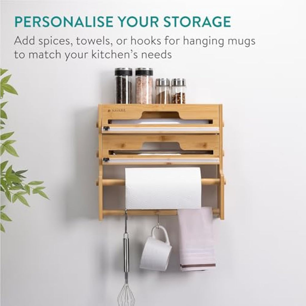 Navaris 3-in-1 Bamboo Cling Film Dispenser & Foil Organiser with Cutter