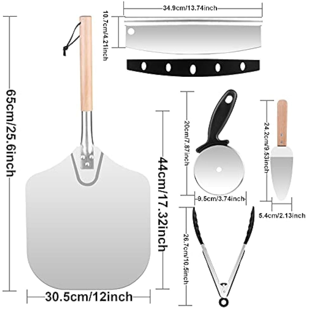 Sinbury 5-Piece Pizza Peel Set – 12 Inch Aluminum Paddle & Rocker Cutter