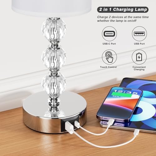 Aooshine Crystal Touch Bedside Lamp | 3-Way Dimmable with USB-C+A Ports