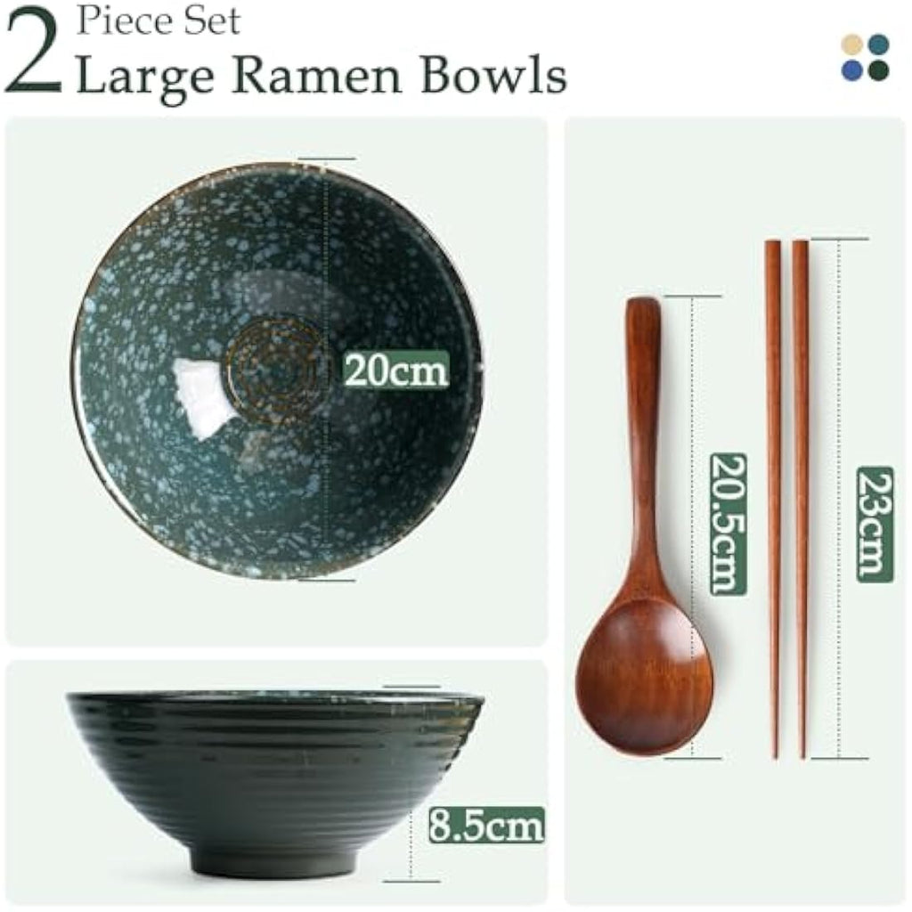 NUTRIUPS Ceramic Ramen Bowl Set of 2 – 1200ml Japanese Noodle Bowls, Emerald