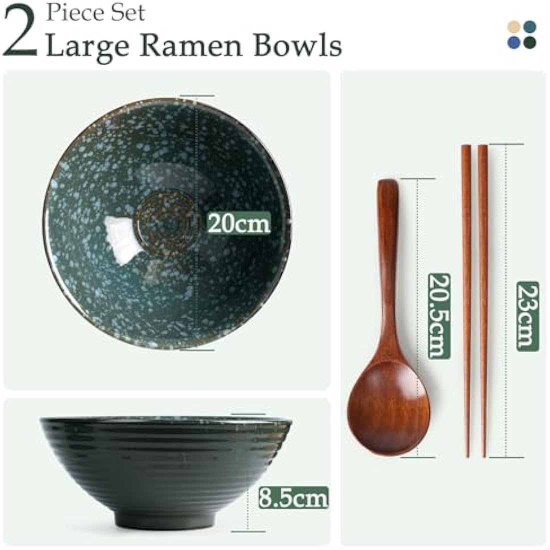NUTRIUPS Ceramic Ramen Bowl Set of 2 – 1200ml Japanese Noodle Bowls, Emerald