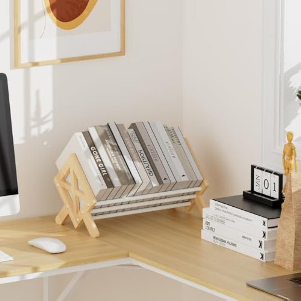 Oak Wood Desktop Bookshelf – V-Shaped Tilting Bookcase