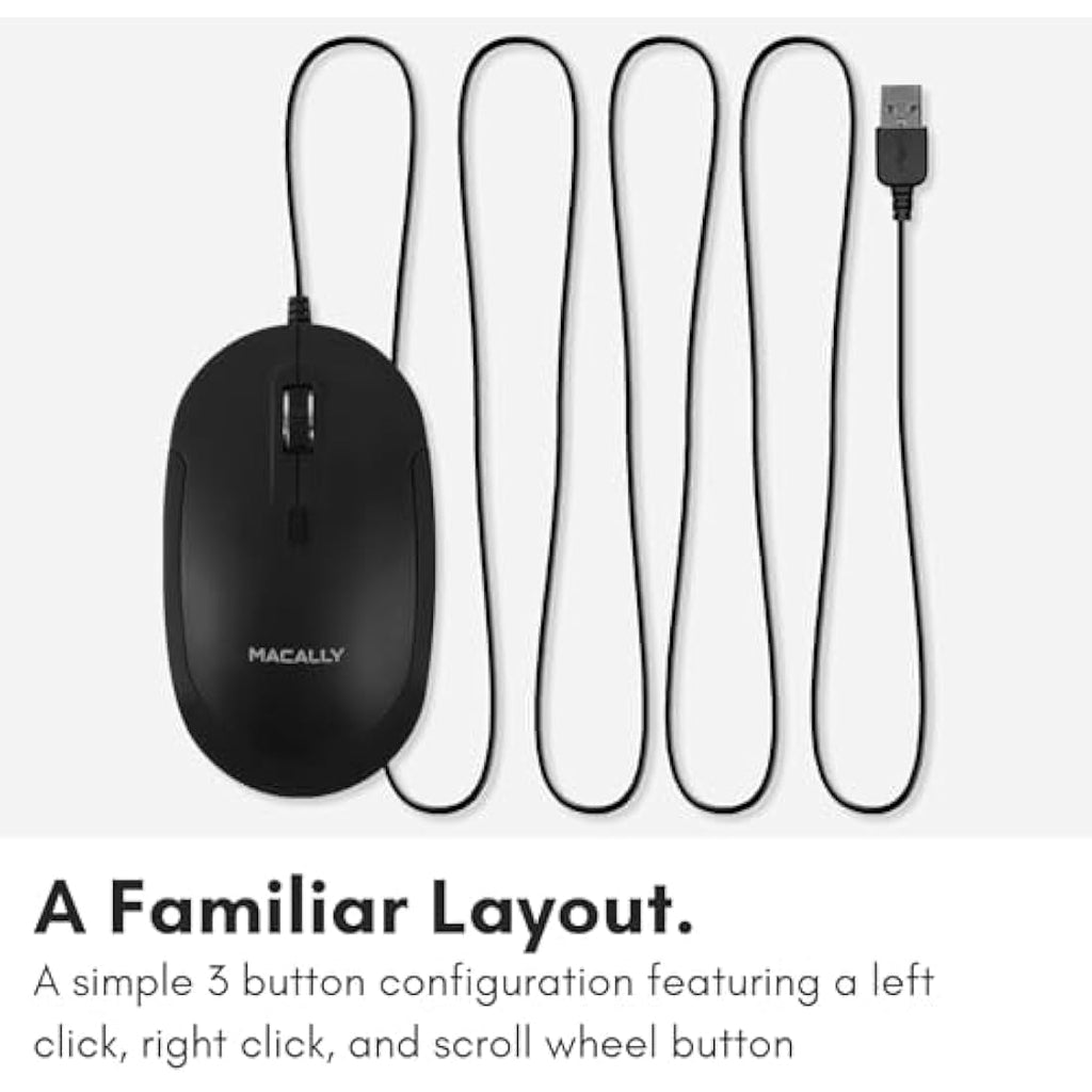 Macally Silent Wired Mouse | Slim Optical USB Mouse with Adjustable DPI