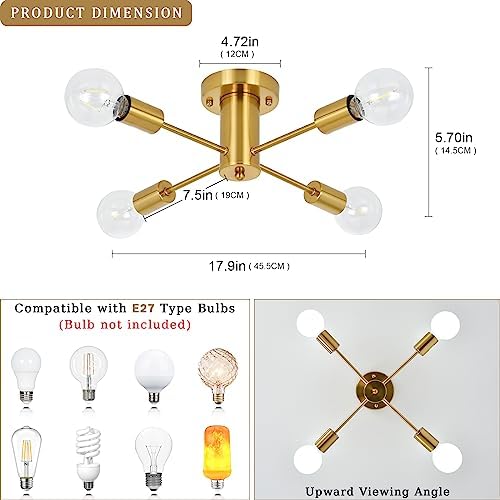 ASHUAQI Gold Sputnik Chandelier | 4-Light Modern Semi Flush Ceiling Light