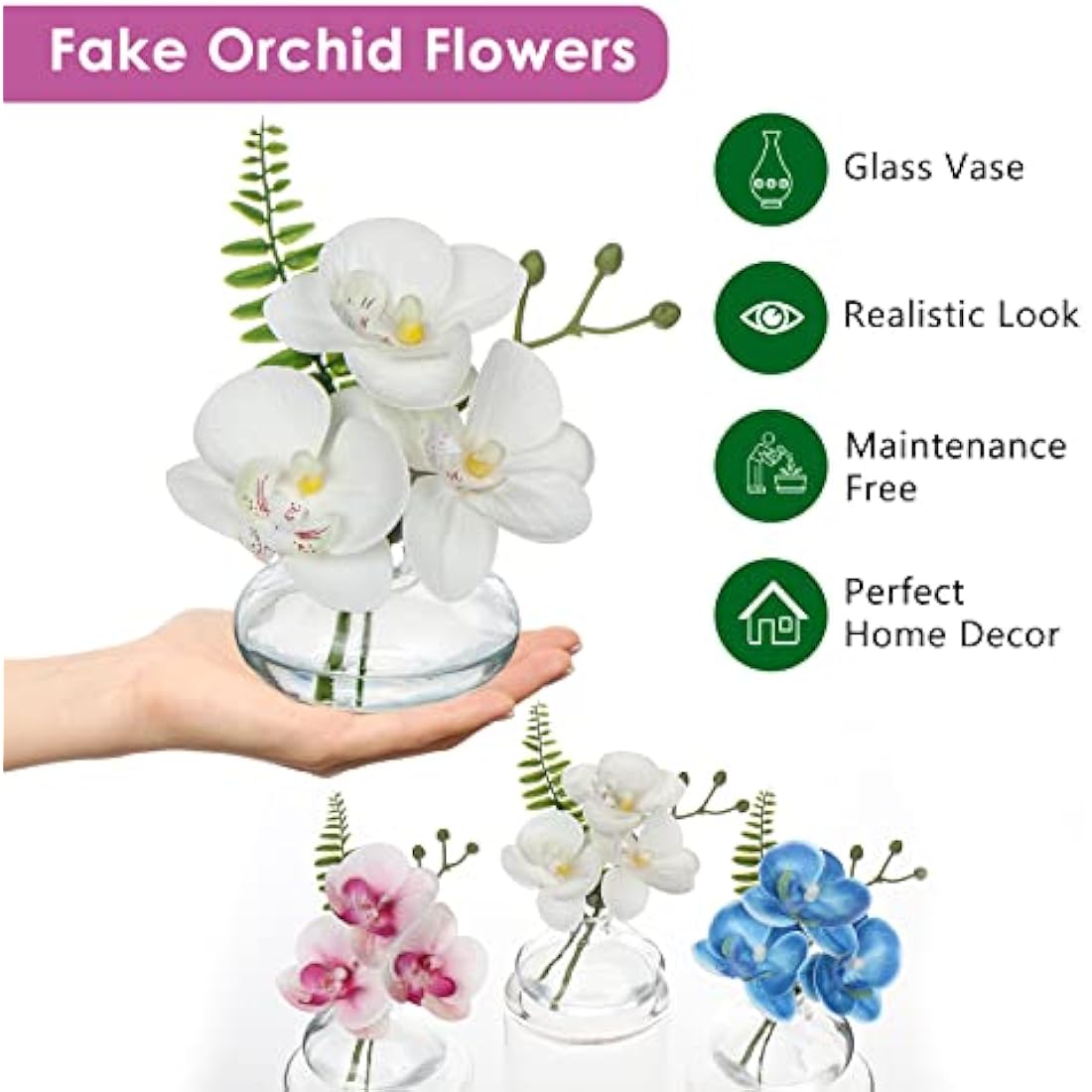 Briful Set of 3 White Artificial Orchids in Glass Vase | Real Touch Faux