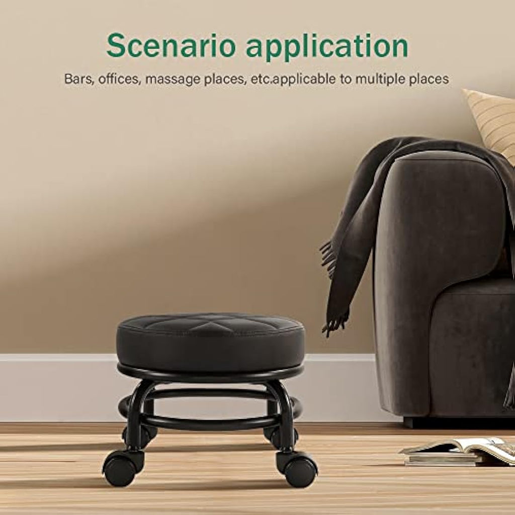 FURWOO Low Rolling Stool - PU Leather Round Swivel Seat with Wheels