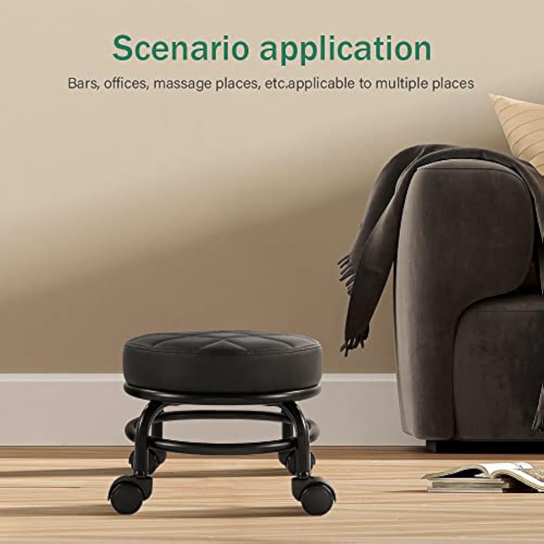 FURWOO Low Rolling Stool - PU Leather Round Swivel Seat with Wheels