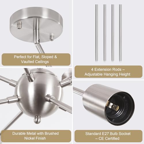 Jolof Store Sputnik Chandelier – 8-Light Brushed Nickel Modern Ceiling Light