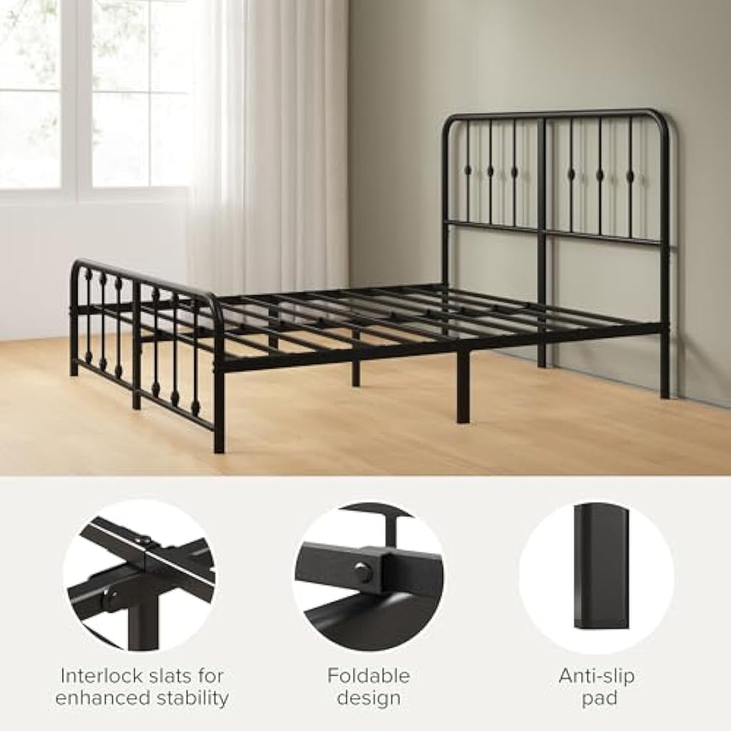 Zinus Florence Single Bed Frame – Black Vintage Metal with Storage