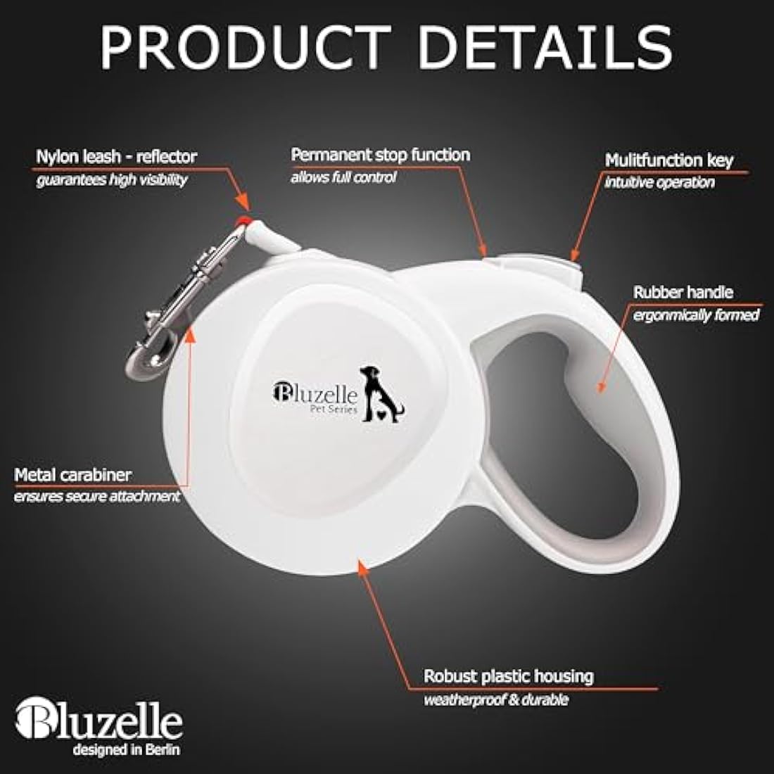 Bluzelle 8m Retractable Dog Leash - 110lbs Heavy Duty Reflective Nylon
