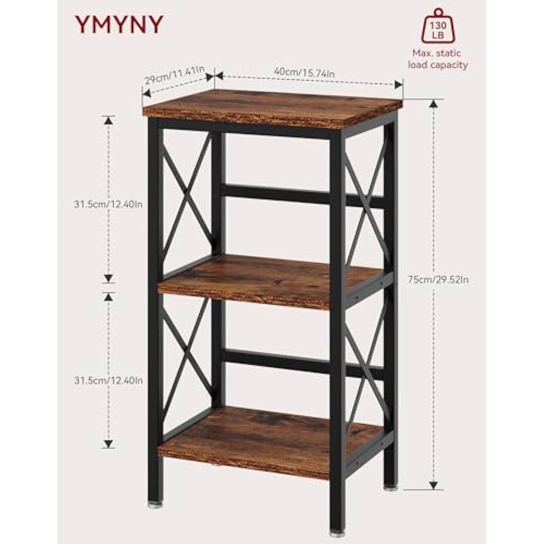 YMYNY 3-Tier Industrial Bookshelf – Rustic Brown Microwave Rack