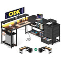 ODK L-Shaped Gaming Desk with LED Lights, Power Outlets & Drawers - Black
