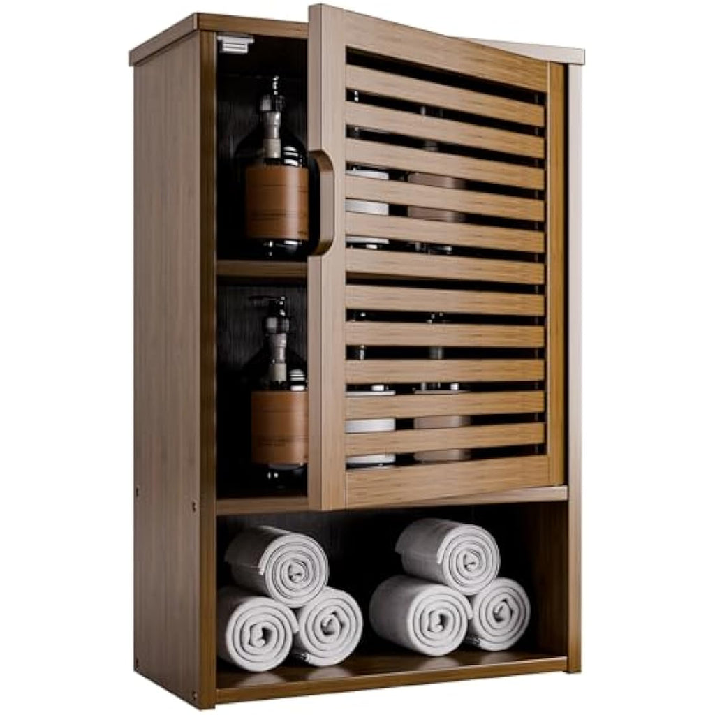 HITNET Bamboo Medicine Cabinet – Wall Mounted Bathroom Storage, Walnut