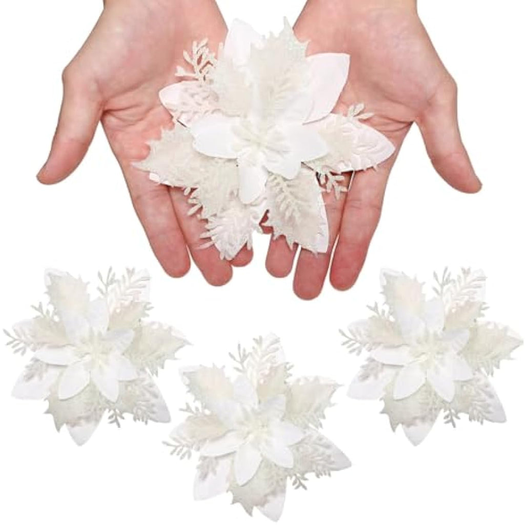 12Pcs White Glitter Poinsettia Artificial Christmas Flowers