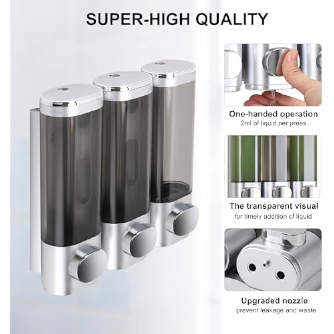 3-Chamber Wall Mount Soap Dispenser – No-Drill Silver ABS