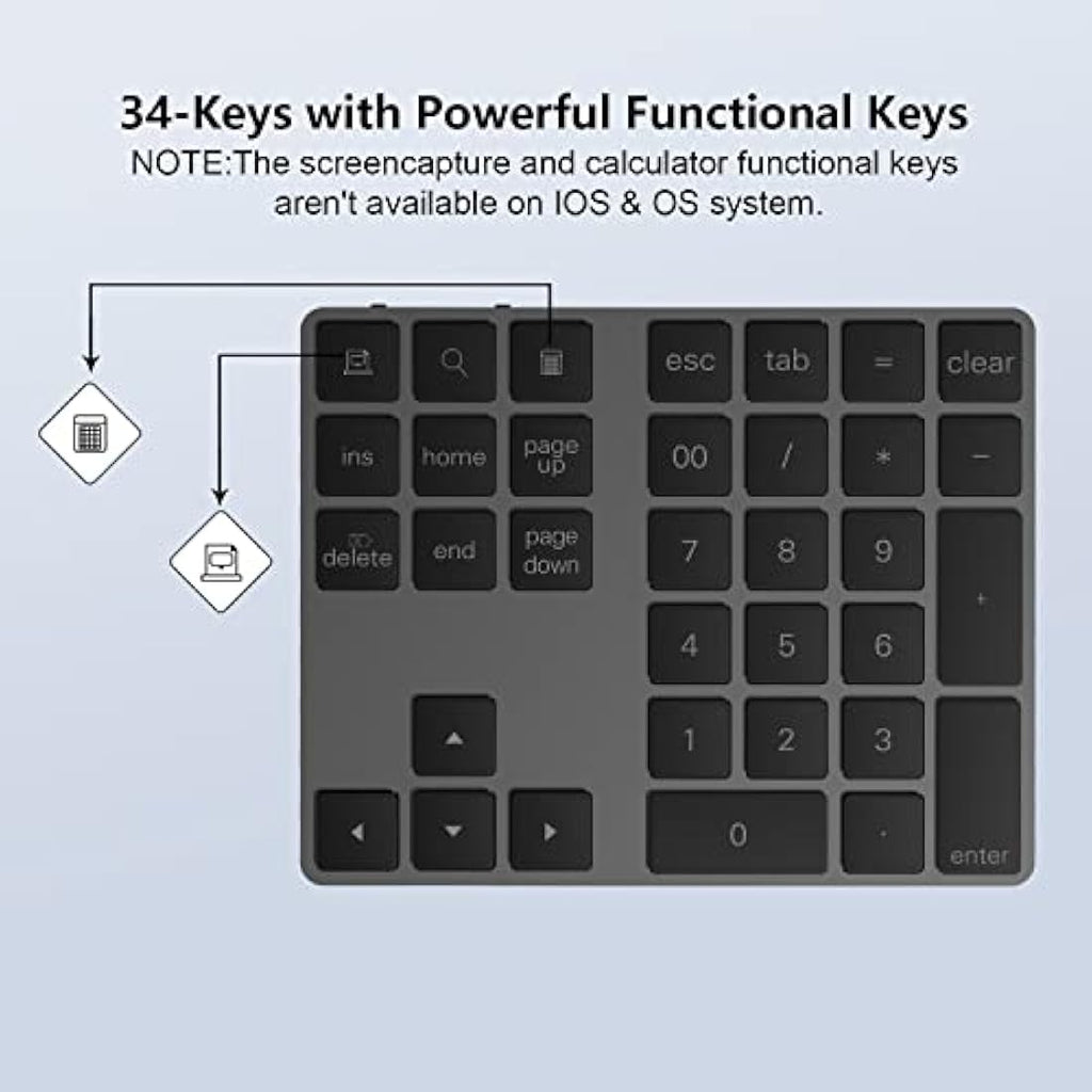 Yeemie Bluetooth Numeric Keypad – 34-Key Wireless Number Pad, Black
