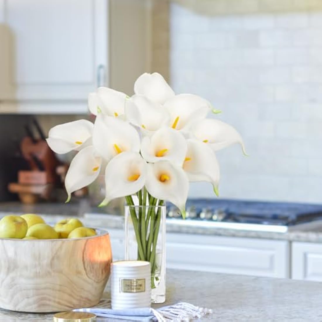 Real Touch White Artificial Calla Lilies with Glass Vase