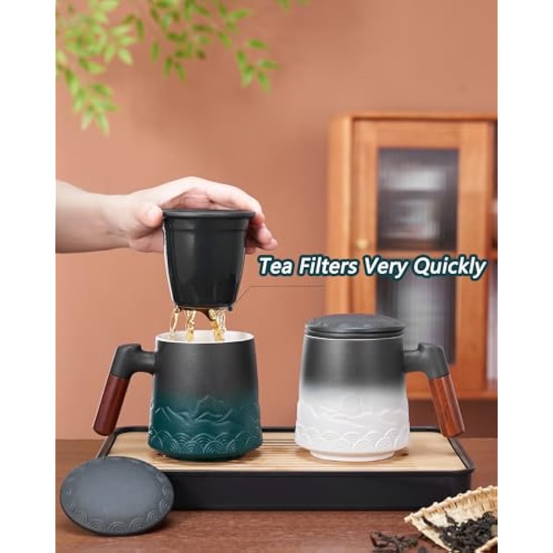 ZENS Ceramic Tea Infuser Mug with Rosewood Handle and Lid, 500ml – Green